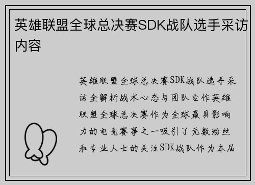 英雄联盟全球总决赛SDK战队选手采访内容