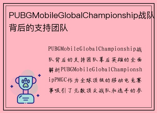 PUBGMobileGlobalChampionship战队背后的支持团队