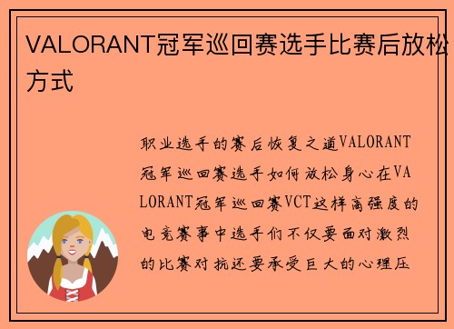VALORANT冠军巡回赛选手比赛后放松方式
